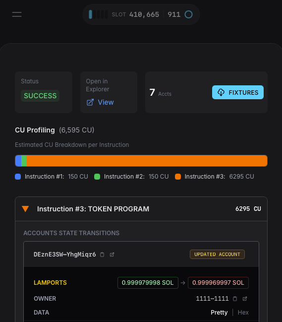 Surfpool Studio Transaction Inspector showing CU profiling, account state transitions, and byte-level diffs